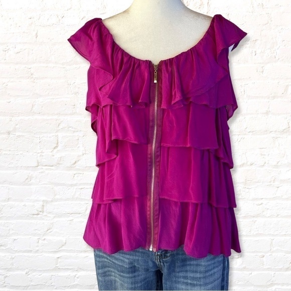 🎁 3 for $30 Bellatrix Fuchsia Silk Ruffled Top With Front Zipper - Picture 1 of 7
